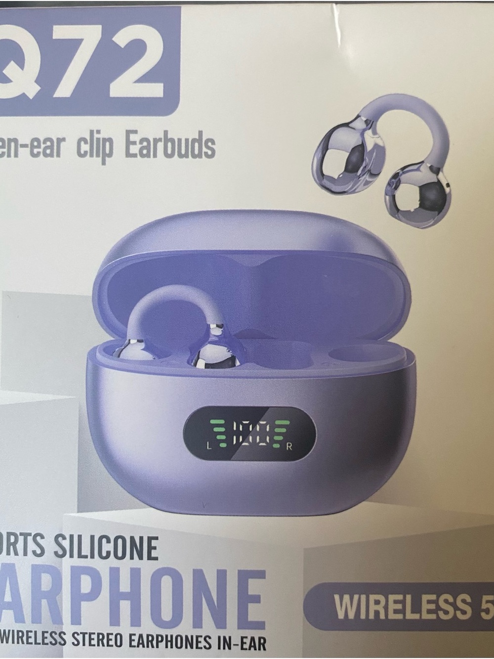 Wireless Purple In-Ear Clip Earbuds with Digital Charging Case